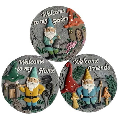 Angelo Décor Gnome Themed Stepping Stones, Set of 3, 10-inch Diameter