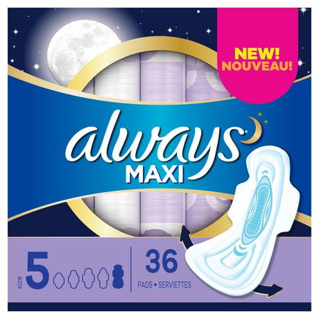 Always Maxi Pads Size 5 Overnight Absorbency Unscented with Wings, 36 Pads