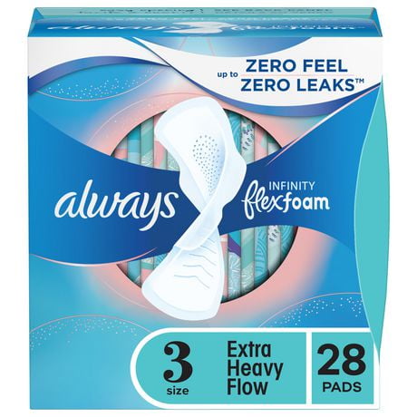 Always Infinity Feminine Pads for Women, Size 3, Extra Heavy Flow, with wings, Unscented, 28 CT