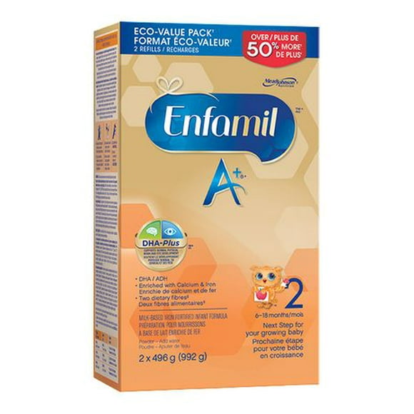 Enfamil A+ 2, Baby Formula, Designed for 6-18 month olds, Contains DHA – an important building block of the brain, Value Pack, Powder Refill, 992g, 2 x 496g
