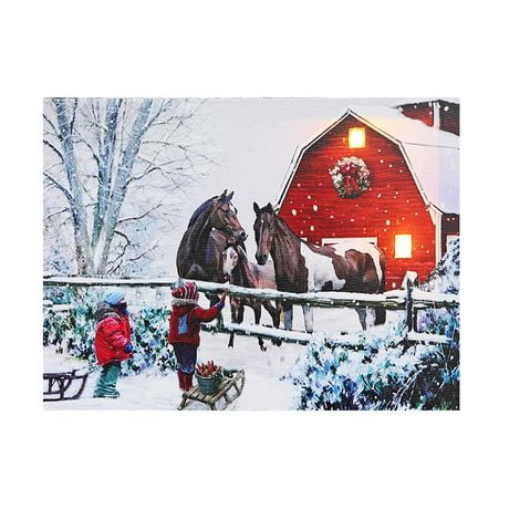 Christmas Led Canvas Wall Art Children Feeding Horses 12X16