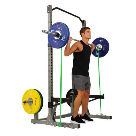 Sunny Health & Fitness Rack de puissance et de squat avec capacité de charge élevée, stockage de plaque de poids Olympic et fixation de la bande anti-bruit pivotante à 360 °