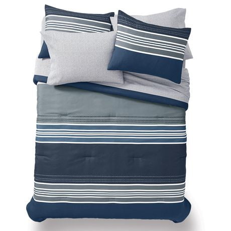 Mainstays Damian 7 Piece Queen Bed in a Bag Set Navy Printed Stripes, Sizes: Double, Queen & King