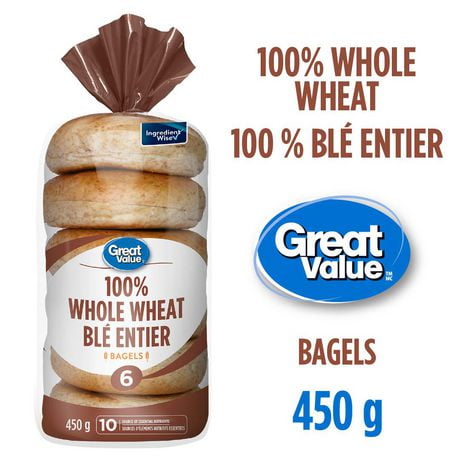 Great Value Whole Wheat Bagels, 6 pk, 450 g