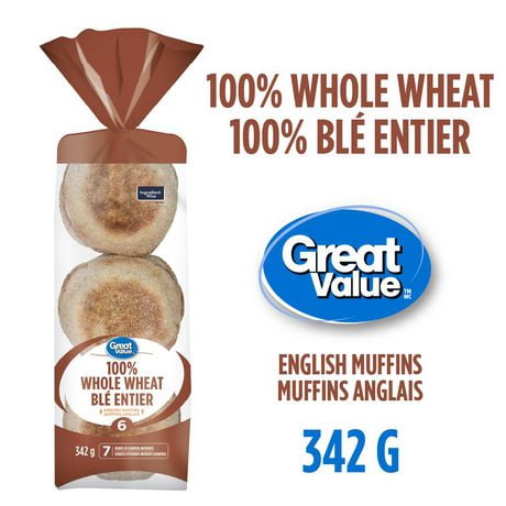 Muffins anglais 100% blé entier de Great Value Paquet de 6, 342 g