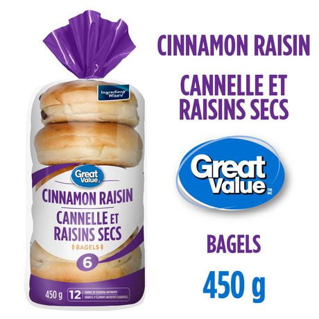 Great Value Cinnamon Raisin Bagels, 6 pk, 450 g