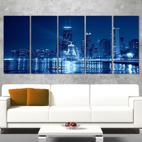 Design Art Blue Chicago Skyline Night Cityscape Photo Canvas Art Print ...