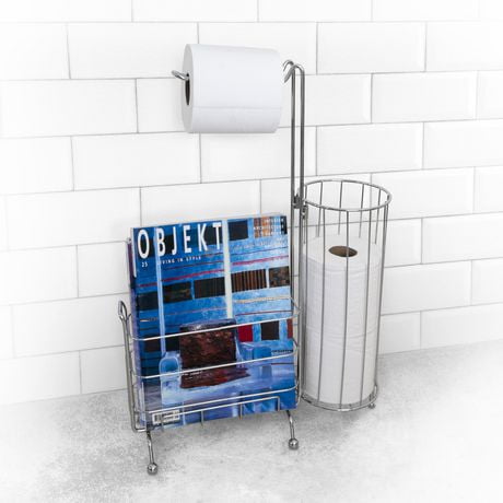 Splash Home Porte-papier toilette sur pied, plus un rangement pour les livres dans la salle de bain, 23 x 6 x 11 pouces, chrome