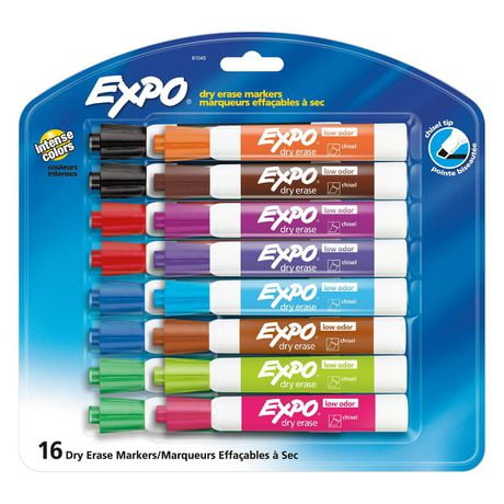 Expo Dry Erase Markers, Low Odour, Chisel Tip, Assorted, 16 Count, Whiteboard Markers
