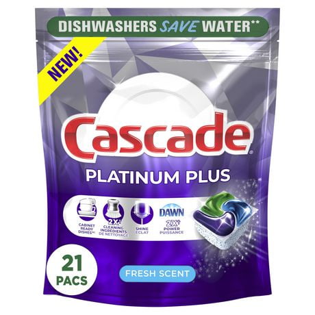 Sachets de détergent pour lave-vaisselle Cascade Platinum Plus ActionPacs, Parfum frais 21 unités