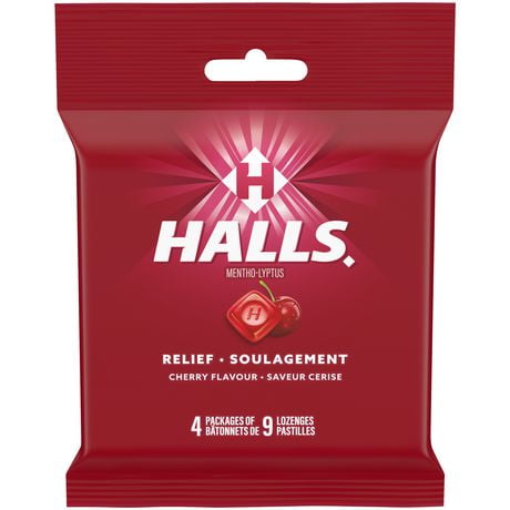 HALLS Cherry Flavour Cough Drops, Throat Lozenges, Sore Throat Relief, Mentho-Lyptus, 4 Count x 9 pieces, 4 Count x 9 Lozenges