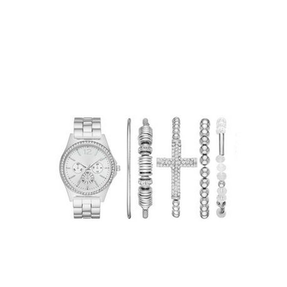 Coffret cadeau montre à cadran argentée avec strass pour femme et bracelets empilables