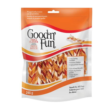 Good 'n' Fun Triple Flavour Twists Dog Chews with Rawhide, Chicken and Pork Flavour, 245g, 3 Treats in 1!