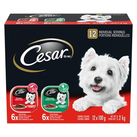 Cesar Adult Classic Loaf in Sauce Beef & Turkey Recipe Variety Pack Soft Wet Dog Food, 12x100g