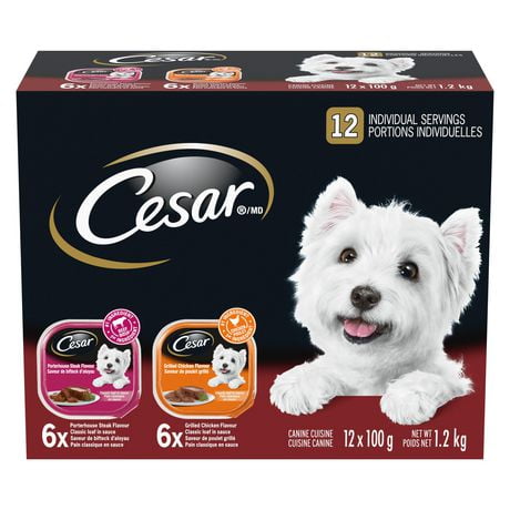 Cesar Adult Classic Loaf in Sauce Grilled Chicken Flavour & Porterhouse Steak Flavour Variety Pack Soft Wet Dog Food, 12x100g