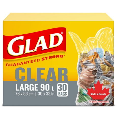 Glad Clear Garbage Bags - Large  90 Litres -  30 Trash Bags, Guaranteed Strong