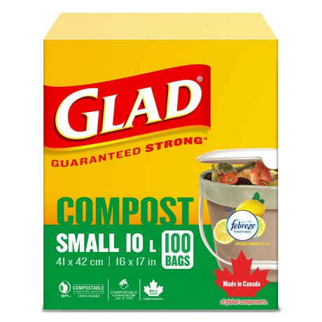 Glad 100% Compostable Bags - Small 10 Litres - Lemon Scent, 100 Trash Bags, 100 Bags, Lemon Scent