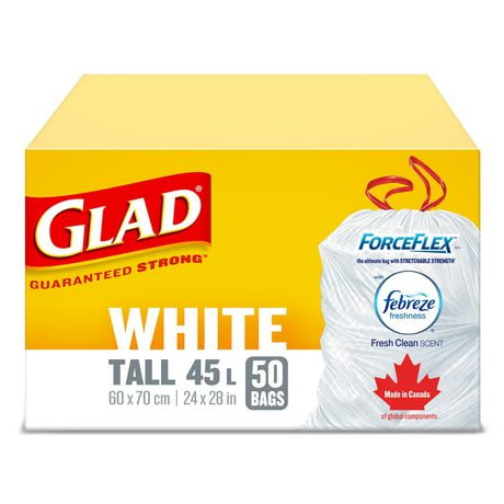 Glad White Garbage Bags - Tall 45 Litres - ForceFlex, Drawstring, with Febreze Fresh Clean Scent, 50 Trash Bags, Guaranteed Strong
