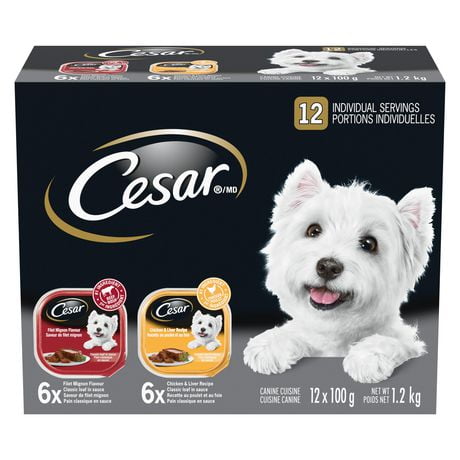 Cesar Adult Classic Loaf in Sauce Filet Mignon Flavour, Chicken & Liver Recipe Variety Pack Soft Wet Dog Food, 12x100g