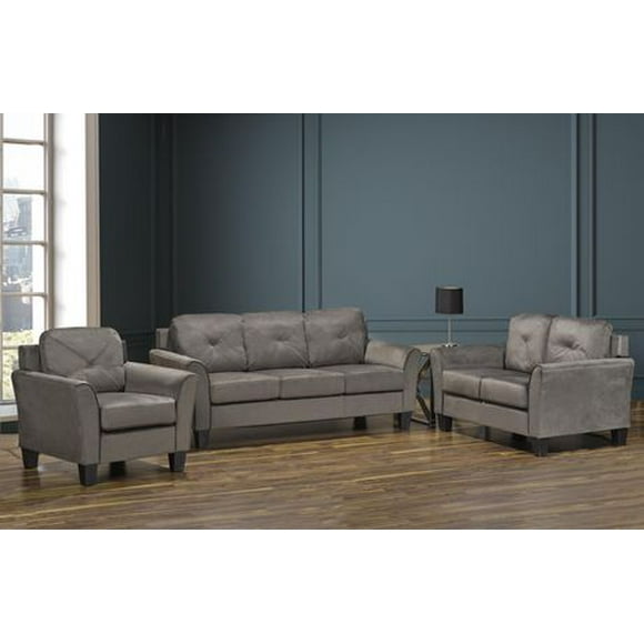 K-Living Samara Microsuede KD Stationary 3 PCS Sofa Set in Grey(Includes Sofa, Loveseat, Chair)