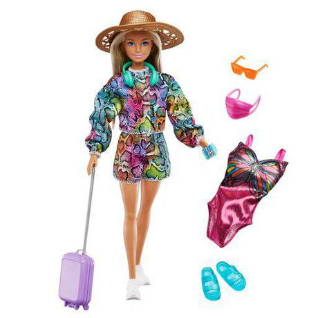 Barbie Holiday Fun Doll (12 inches), Blonde Highlighted Hair, Travel Tote & Hat, Swimsuit & Summer Accessories, Ages 3+