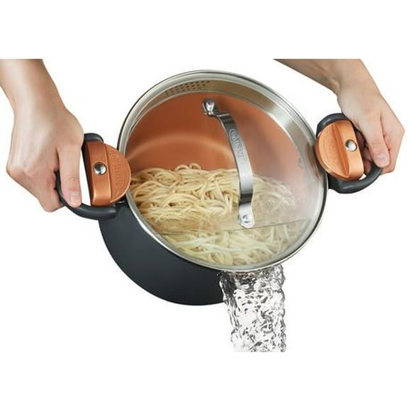 Gotham Steel Pasta Pot 5 Qt Multipurpose  Soup Pot with Strainer Lid & Twist and Lock Handles, Nonstick Copper Surface for Easy Cleanup with Tempered Glass Lid, Dishwasher Safe