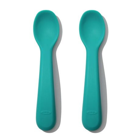 OXO Tot - Silicone Spoons - Encourage Self-Feeding - Easy for Little Ones to Hold - Baby Toddler Feeding Utensils - Teal - 2-Pack