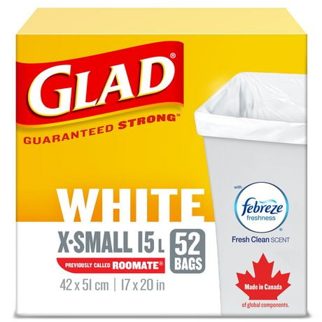 Glad White Garbage Bags - X-Small 15 Litres - Febreze Fresh Clean Scent, 52 Trash Bags, 52 Bags