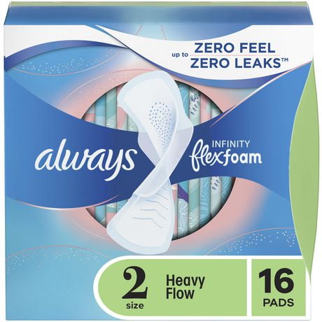 Always Infinity FlexFoam Pads for Women Size 2 Heavy Flow Absorbency, Zero Leaks & Zero Feel is possible, with Wings Unscented, 16 Pads