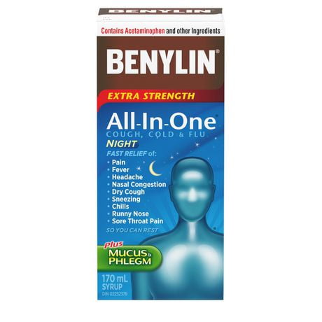 Benylin Extra-puissant, Tout-en-un Toux, rhume et grippe, Nuit, soulage les symptômes de rhume, toux et grippe, sirop 170 ml