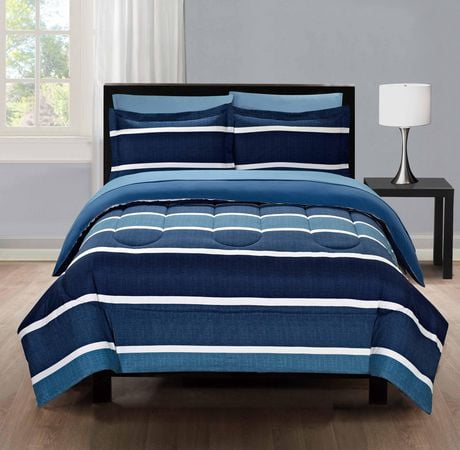 Mainstays Blue Stripe Twin Bed-in-a-Bag Microfiber Bedding ...