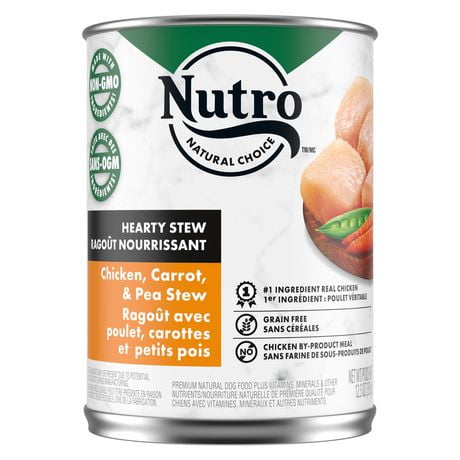 Nourriture humide sans céréales pour chiens Nutro Ragoût avec poulet, carottes et petits pois 355g