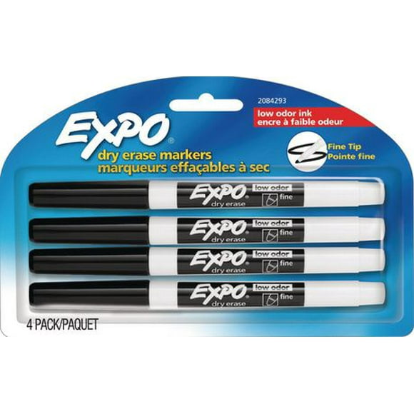 Expo Dry Erase Markers, Low Odour, Fine Tip, Black, 4 Count, Whiteboard Markers