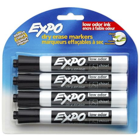 Expo Low Odour Dry-Erase Markers, Chisel Tip, Black, 4/Pack, Low Odour Dry-Erase Markers