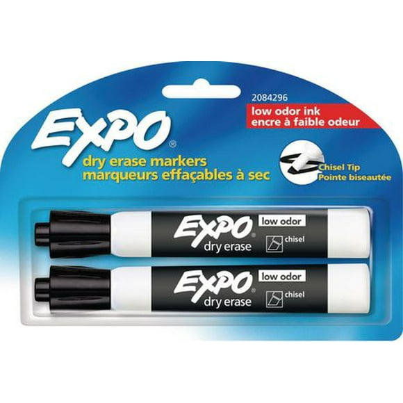Expo Low Odour Dry-Erase Markers, Chisel Tip, Black, 2/Pack, Low Odour Dry-Erase Markers