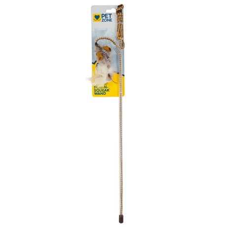 Pet Zone Play N Squeak Teathered & Feathered Mouse Teaser Wand Cat Toy, Teaser Wand Cat Toy