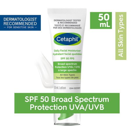 Cetaphil Daily Facial Moisturizer SPF 50 | For Sensitive Skin | Oil Free and Non Greasy | Lightweight Lotion With Broad Spectrum Protection, 50ml