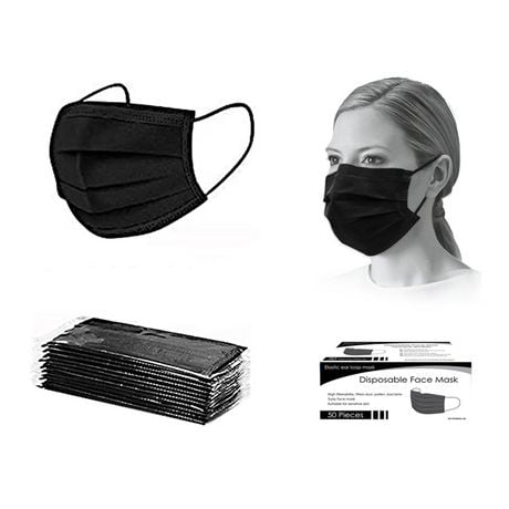 50 Masques faciaux jetables – à 4 plis, noir