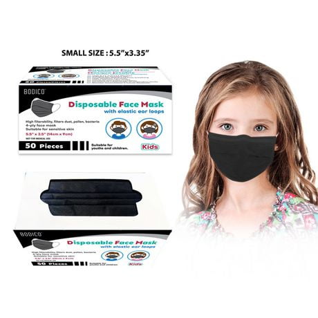 50-Piece 4-Ply Disposable Black Kids Face Masks