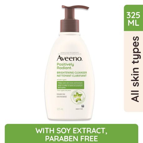 Aveeno Positively Radiant Brightening Cleanser - Makeup Remover, Soy Extract Face Cleanser, Remove Oil, Smooth Skin Tone, 325 mL