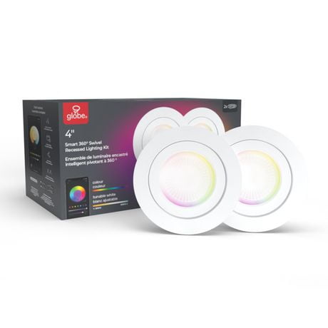 Wi-Fi Smart 4" Swivel LED Recessed Lighting Kit 2-Pack, No Hub Required, Voice Activated, 9 Watts, Multicolor Changing RGB, Tunable White 2000K - 5000K, 540 Lumens, Wet Rated, 4.25" Hole Size