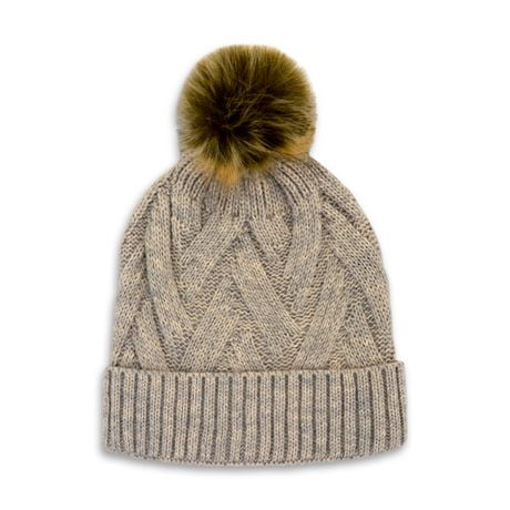 Hot Paws Ladies' Knit hat with fold up brim and Faux Fur PomPom, One Size