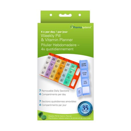 4 x per day Weekly Pill and Vitamin Planner, Weekly Pill and Vitamin Planner with 7 Removable Daily Sections, 4 compartments per day