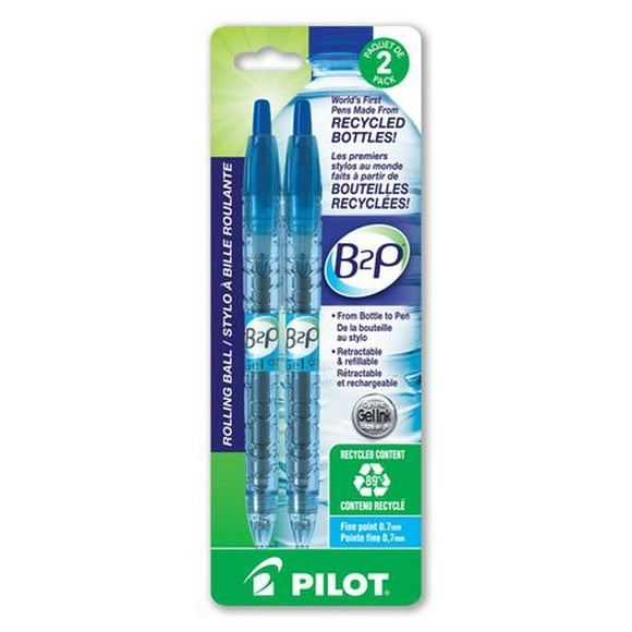 PILOT B2P Retractable Gel Ink Rollerball Pens - Blue, Fine 0.7mm point, 2-pk