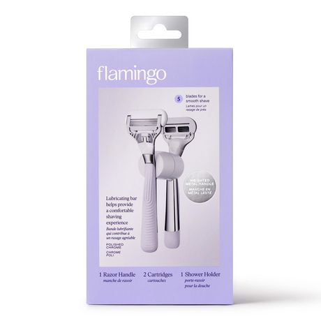 Flamingo Women's 5-Blade Razor - 1 Razor Handle and 2 Razor Blade Refills, Polished Chrome, 1 handle, 2 blade refills