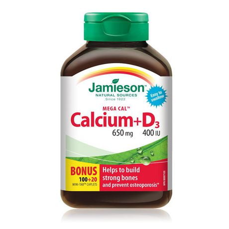 Jamieson Caplets de Mega Cal Calcium 650 mg + Vitamine D3 400 UI 100 + 20 caplets