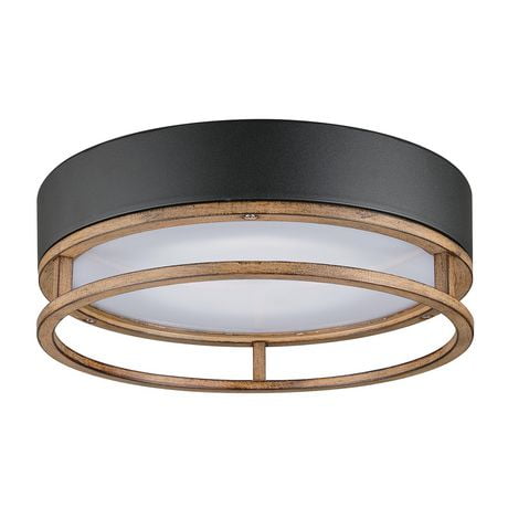 Ray 18.5W LED Integrated Outdoor Indoor Flush Mount Ceiling Light, Matte Black, Faux Wood Accent, 800 Lumens, 3000 Kelvin