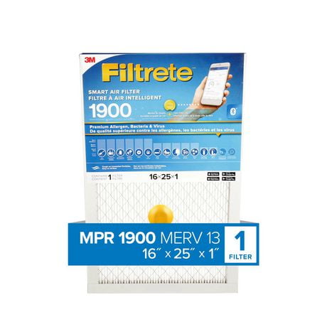 Filtre à air intelligent de qualité supérieure pour la réduction des allergènes, des bactéries et des virus Filtrete(MC), MPR 1900, 16 x 25 x 1 po