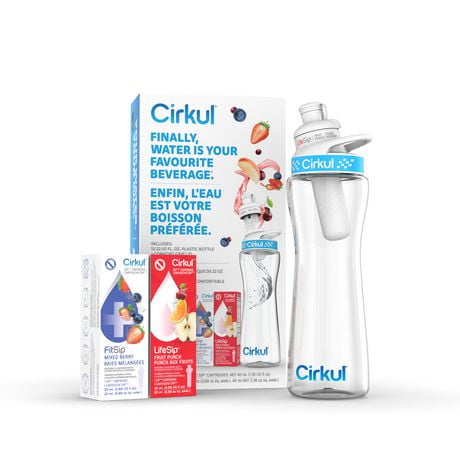 Cirkul 22oz Plastic Water Bottle Starter Kit with Blue Lid and 2 Flavor Cartridges (Fruit Punch & Mixed Berry), CKL 22PB SK 2C