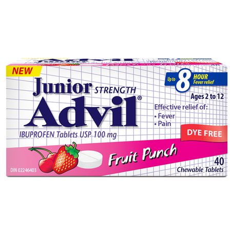 Junior Strength Advil Pain Reliever and Fever Reducer Ibuprofen Chewable Tablets, Dye Free, Fruit Punch, 40 Count, Fruit Punch - 40 Count